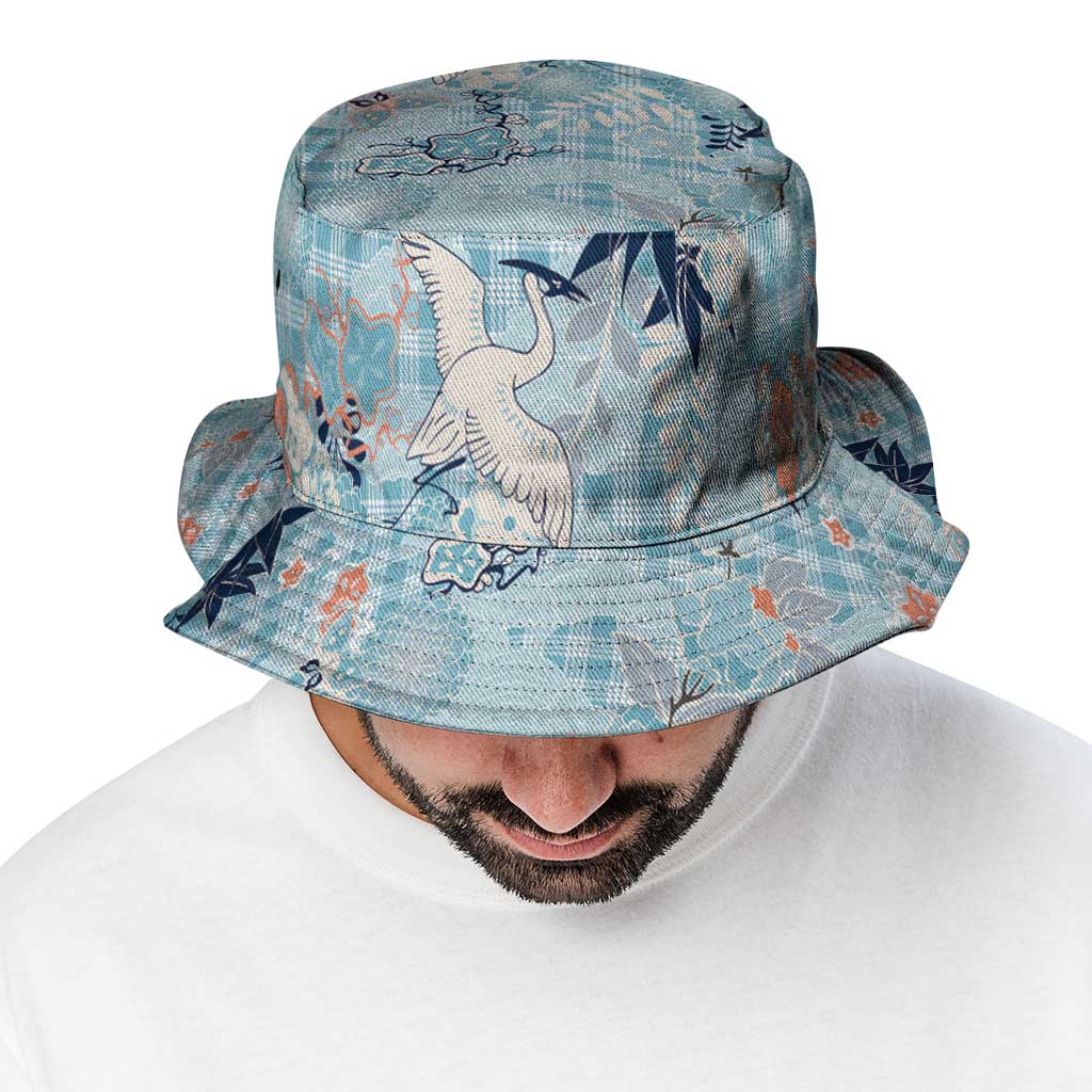 Blue Palaka Crane and Flowers Bucket Hat Japan Heritage Spirit - Polynesian Pride