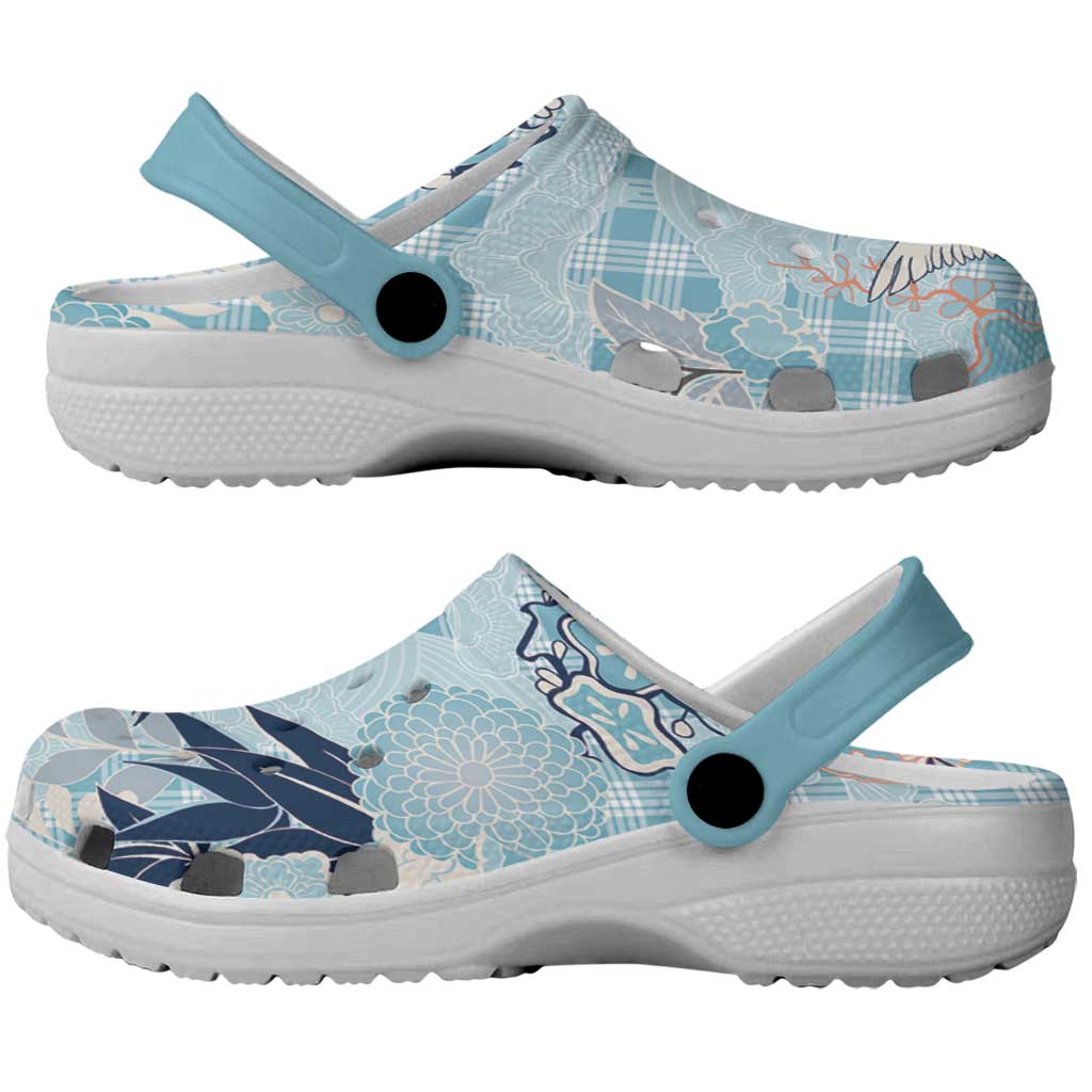 Blue Palaka Crane and Flowers Clogs Shoes Japan Heritage Spirit - Polynesian Pride