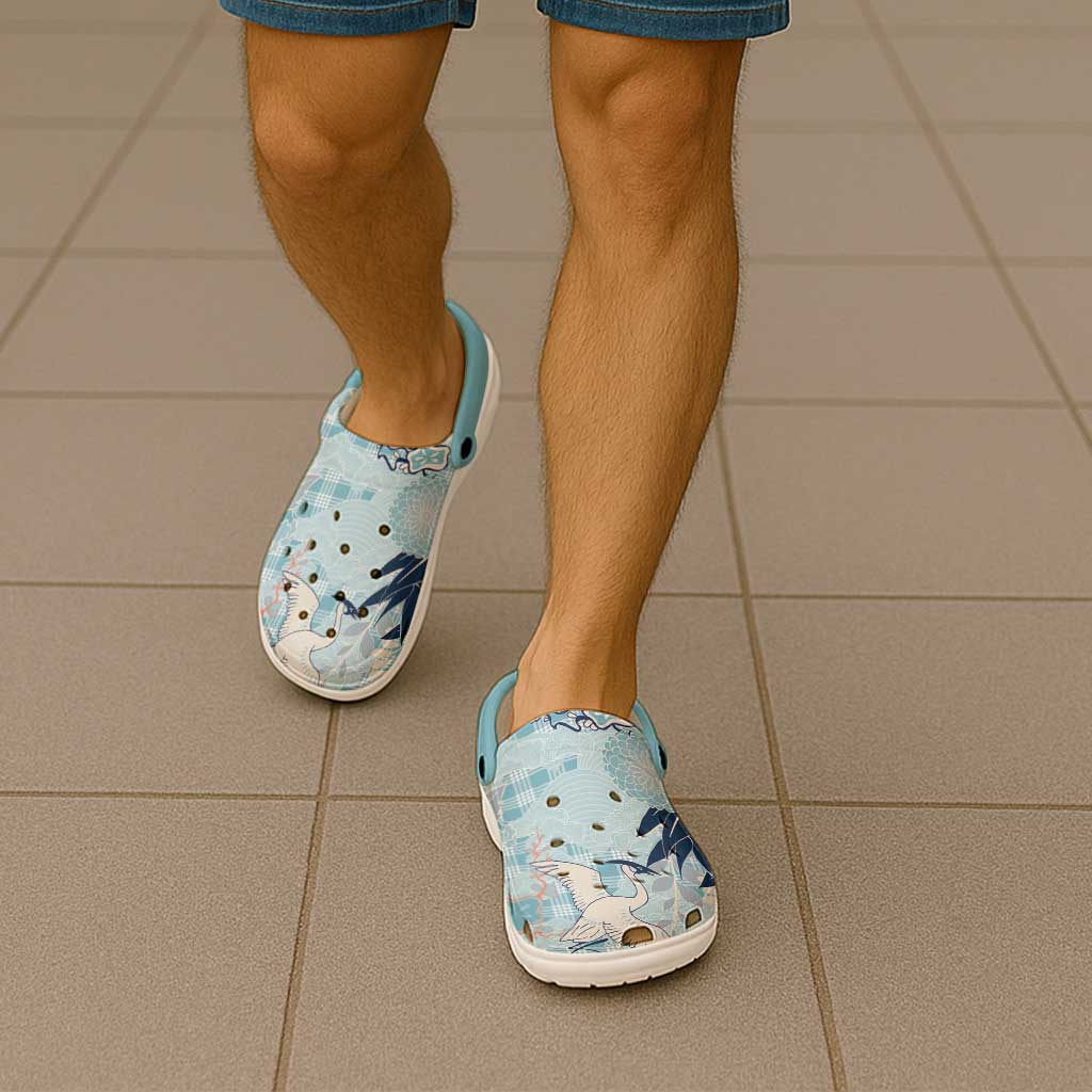Blue Palaka Crane and Flowers Clogs Shoes Japan Heritage Spirit - Polynesian Pride