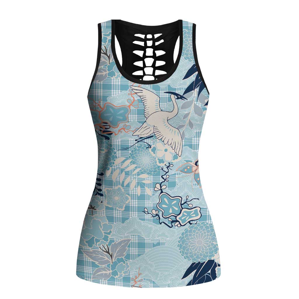 Blue Palaka Crane and Flowers Hollow Tank Top Japan Heritage Spirit - Polynesian Pride