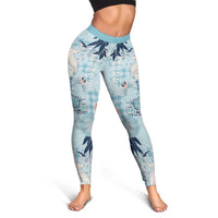 Blue Palaka Crane and Flowers Leggings Japan Heritage Spirit - Polynesian Pride