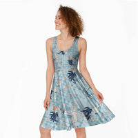 Blue Palaka Crane and Flowers Midi Dress Japan Heritage Spirit - Polynesian Pride