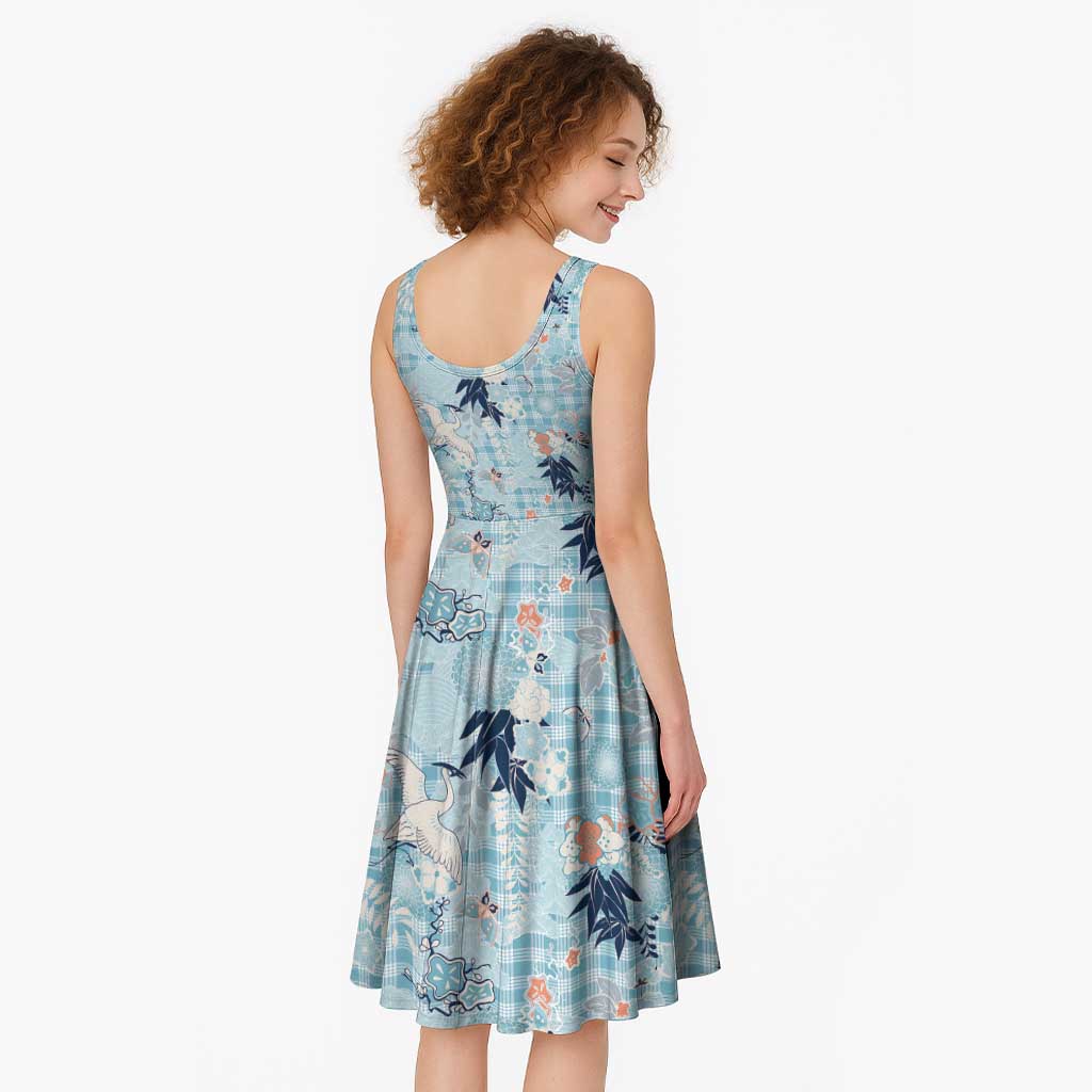 Blue Palaka Crane and Flowers Midi Dress Japan Heritage Spirit - Polynesian Pride
