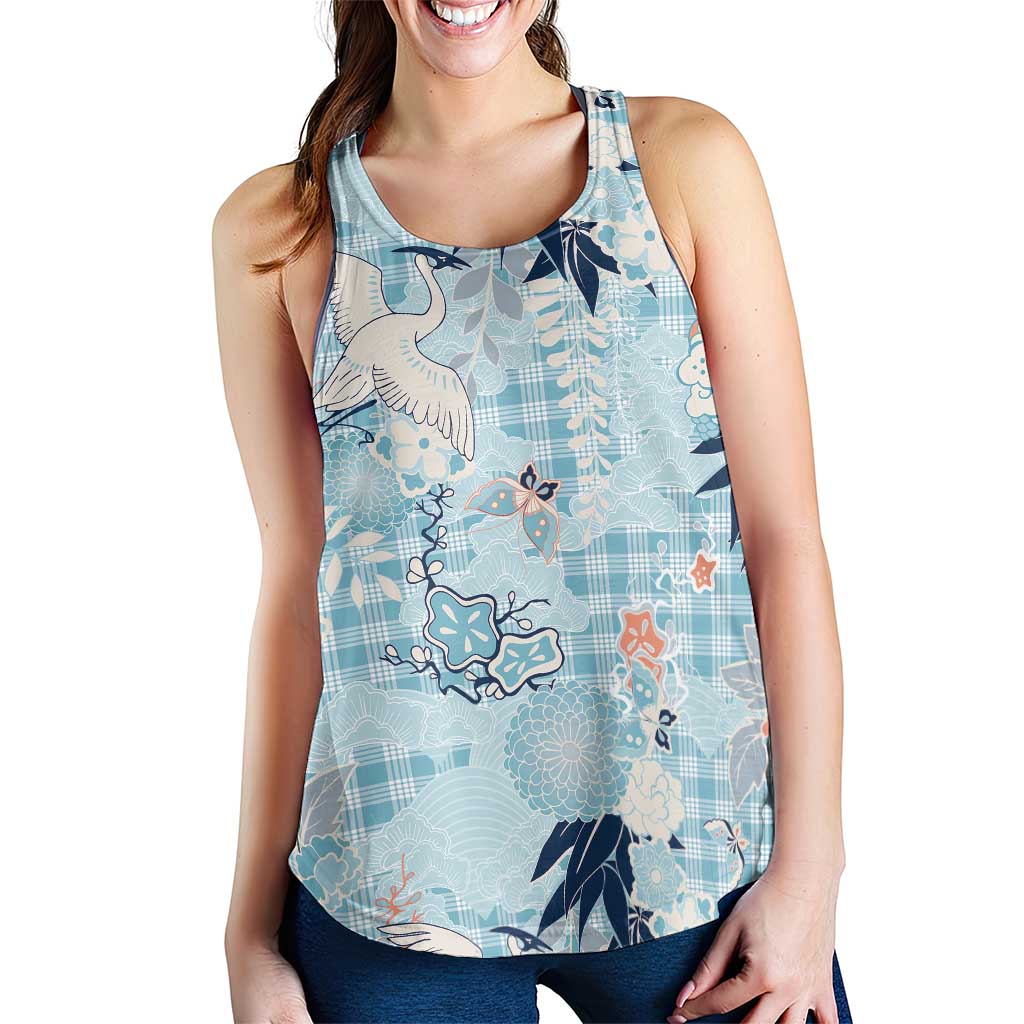 Blue Palaka Crane and Flowers Women Racerback Tank Japan Heritage Spirit - Polynesian Pride