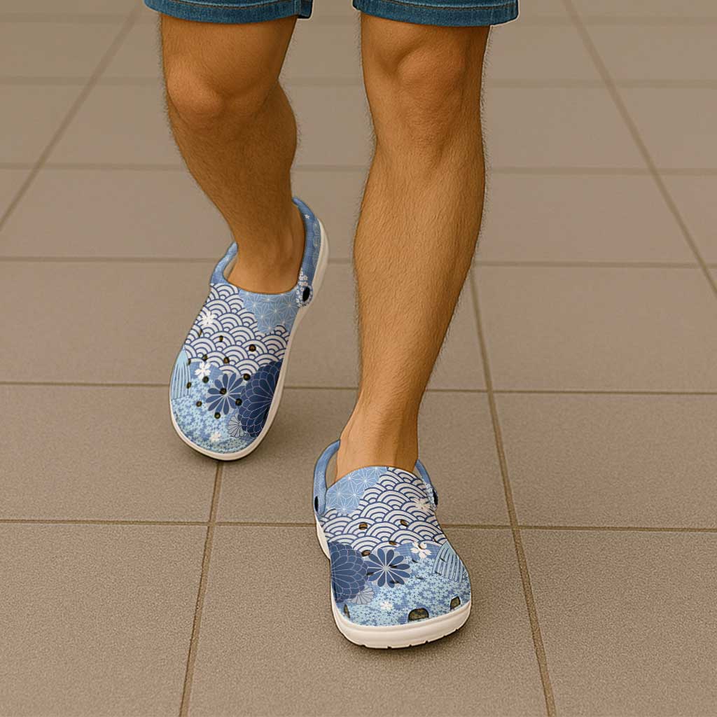 Blue Palaka Japanese Traditional Clogs Shoes Asanoha Seigaiha Sakura Motif - Polynesian Pride
