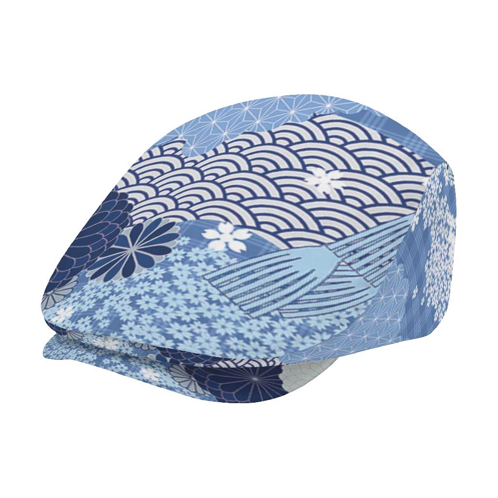 Blue Palaka Japanese Traditional Jeff Hat Asanoha Seigaiha Sakura Motif - Polynesian Pride