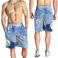 Blue Palaka Japanese Traditional Shorts for Men Asanoha Seigaiha Sakura Motif - Polynesian Pride