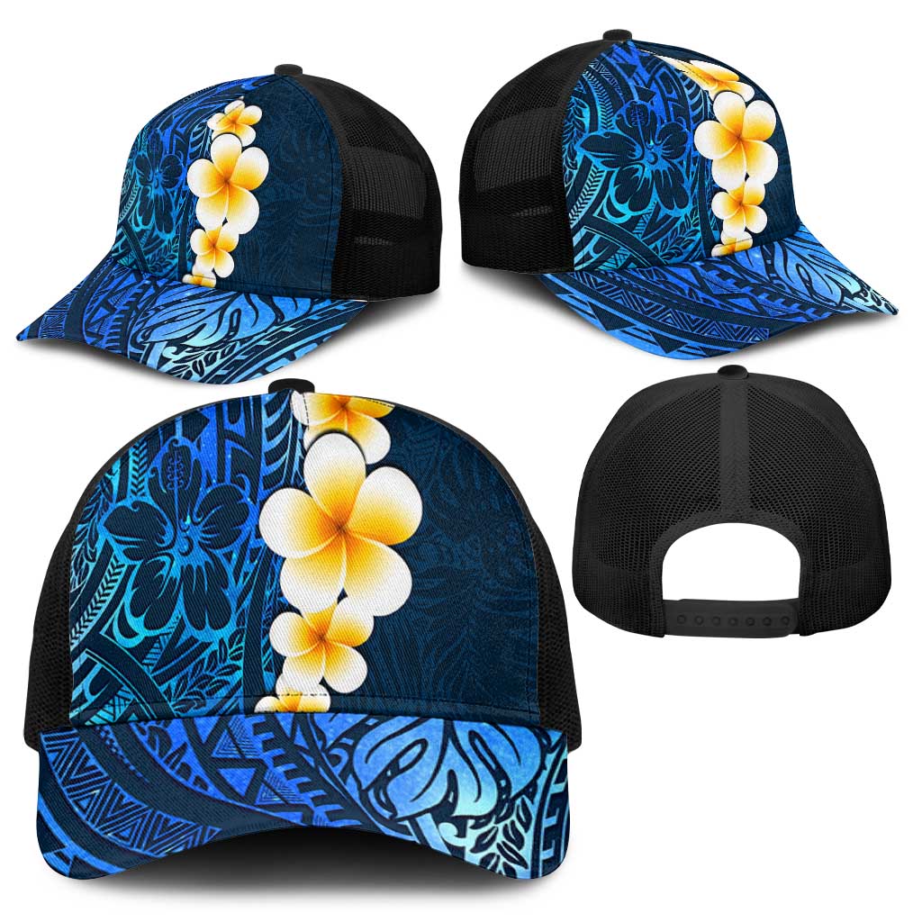Blue Polynesia Baseball Net Cap Plumeria Tropical Leaves With Galaxy Polynesian Art - Polynesian Pride
