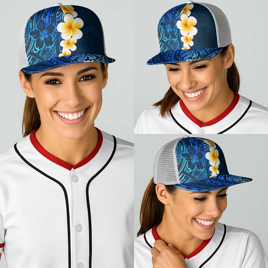 Blue Polynesia Baseball Net Cap Plumeria Tropical Leaves With Galaxy Polynesian Art - Polynesian Pride