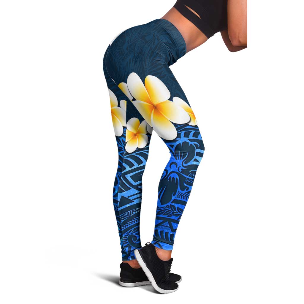 Blue Polynesia Leggings Plumeria Tropical Leaves With Galaxy Polynesian Art - Polynesian Pride