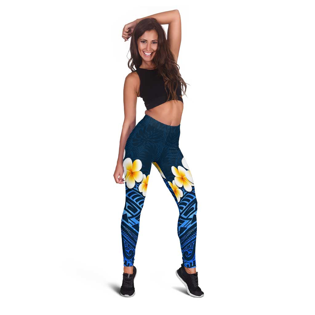 Blue Polynesia Leggings Plumeria Tropical Leaves With Galaxy Polynesian Art - Polynesian Pride