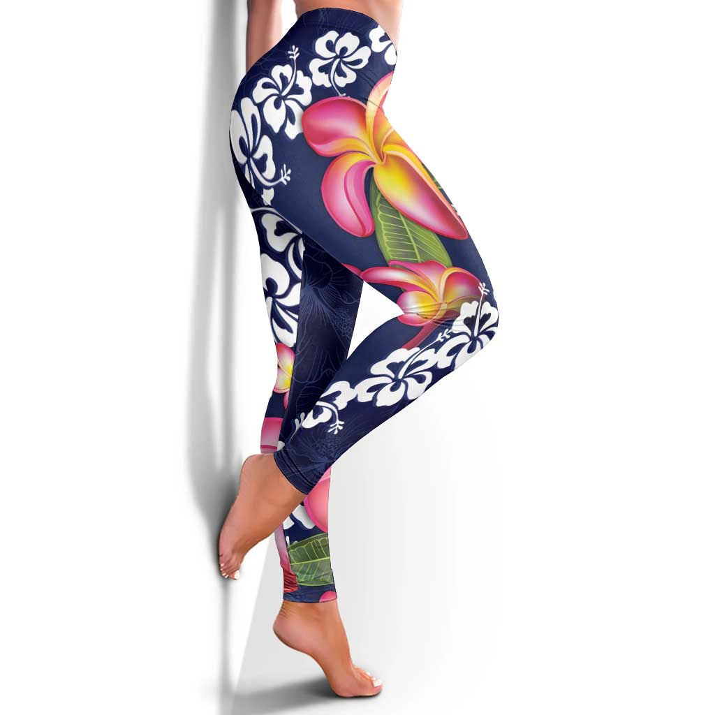 Blue Polynesia Leggings Plumeria With Hibiscus Pattern Tropical Vibes - Polynesian Pride