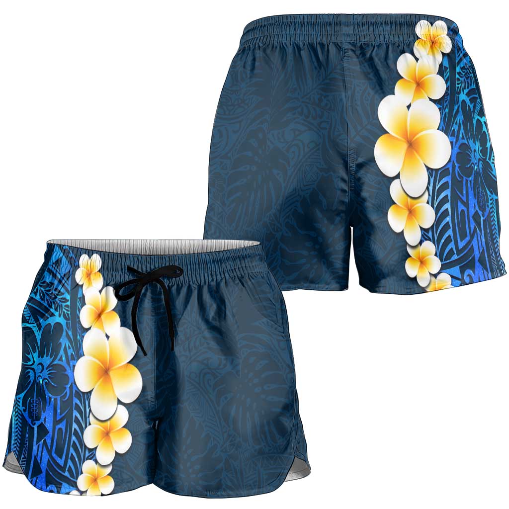 Blue Polynesia Shorts for Women Plumeria Tropical Leaves With Galaxy Polynesian Art - Polynesian Pride