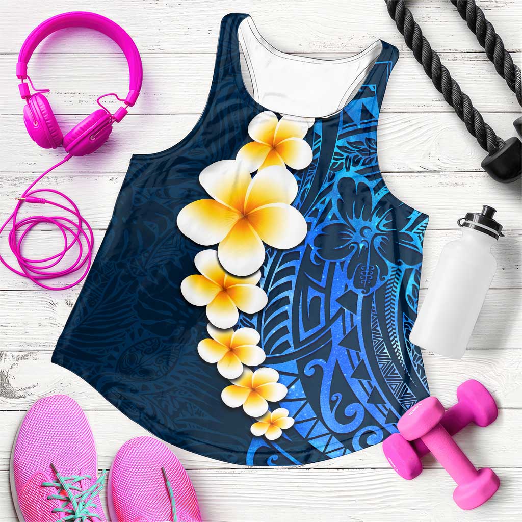 Blue Polynesia Women Racerback Tank Plumeria Tropical Leaves With Galaxy Polynesian Art - Polynesian Pride