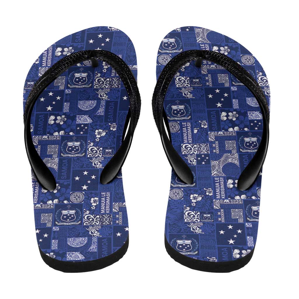 Blue Samoa Manuia Le Kerisimasi Flip Flops Pacific Patchwork Xmas Vibes - Polynesian Pride