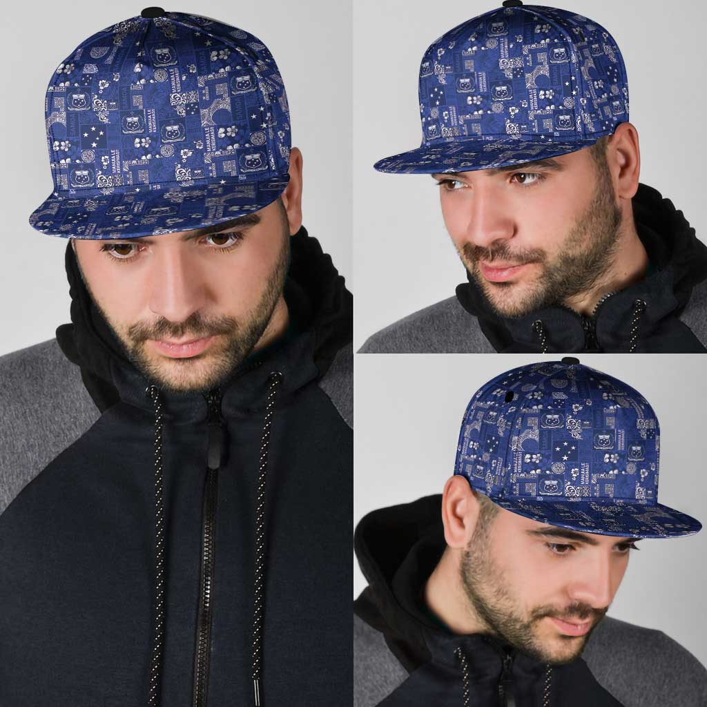 Blue Samoa Manuia Le Kerisimasi Snapback Cap Pacific Patchwork Xmas Vibes - Polynesian Pride