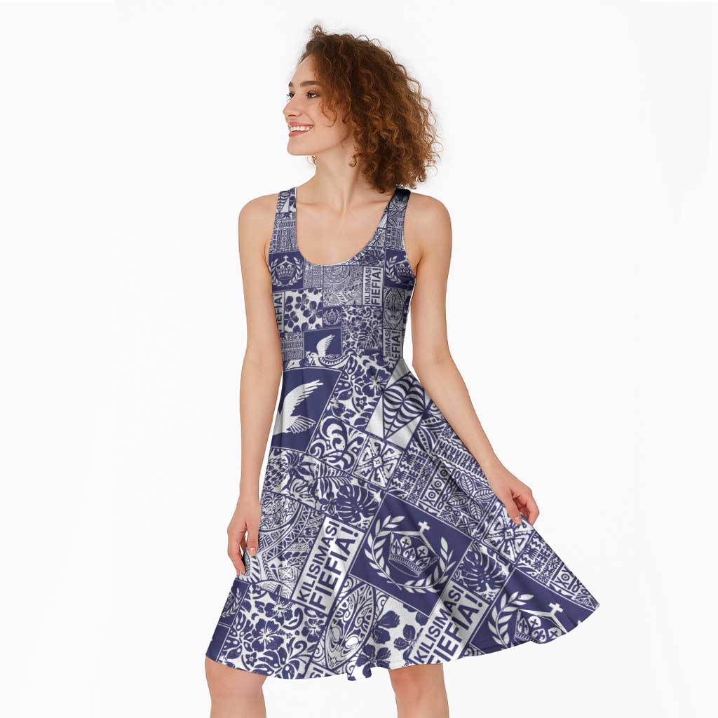 Blue Tonga Kilisimasi Fiefia Midi Dress Pacific Patchwork Xmas Vibes - Polynesian Pride
