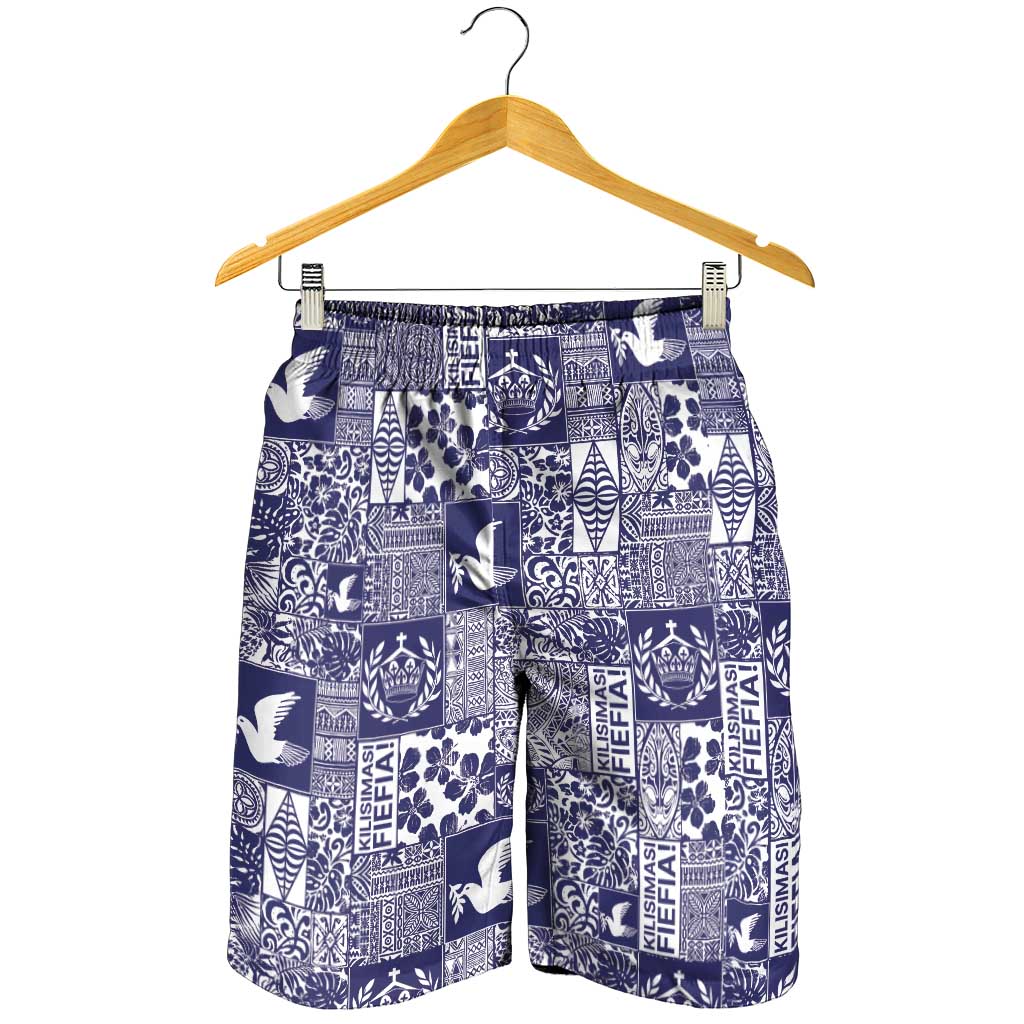 Blue Tonga Kilisimasi Fiefia Shorts for Men Pacific Patchwork Xmas Vibes - Polynesian Pride
