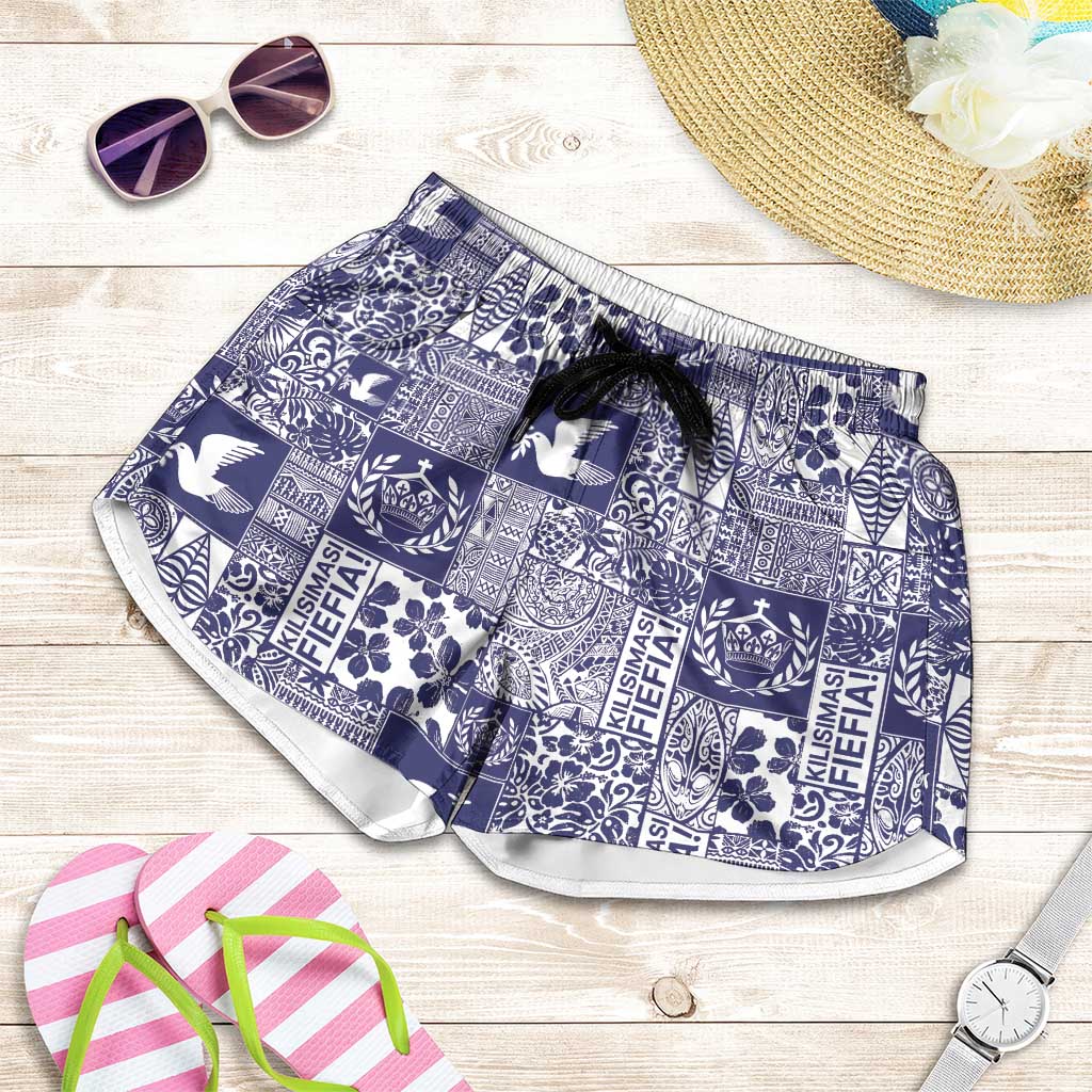 Blue Tonga Kilisimasi Fiefia Shorts for Women Pacific Patchwork Xmas Vibes - Polynesian Pride