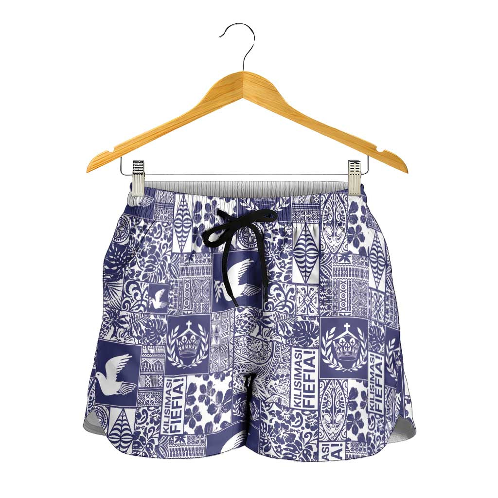 Blue Tonga Kilisimasi Fiefia Shorts for Women Pacific Patchwork Xmas Vibes - Polynesian Pride