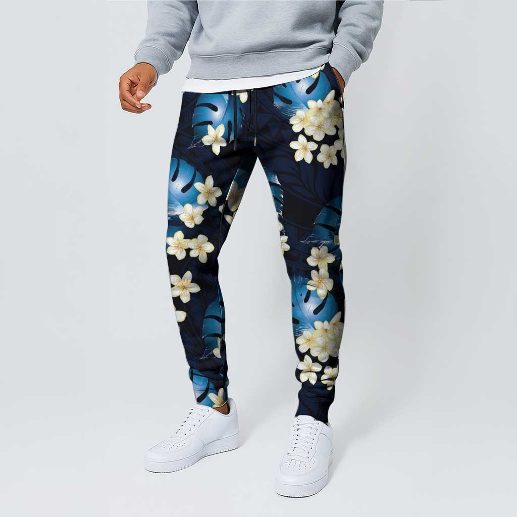 Blue Tropical Hawaii Jogger Pants Seamless Monstera Plumeria Hawaiian Pattern - Polynesian Pride
