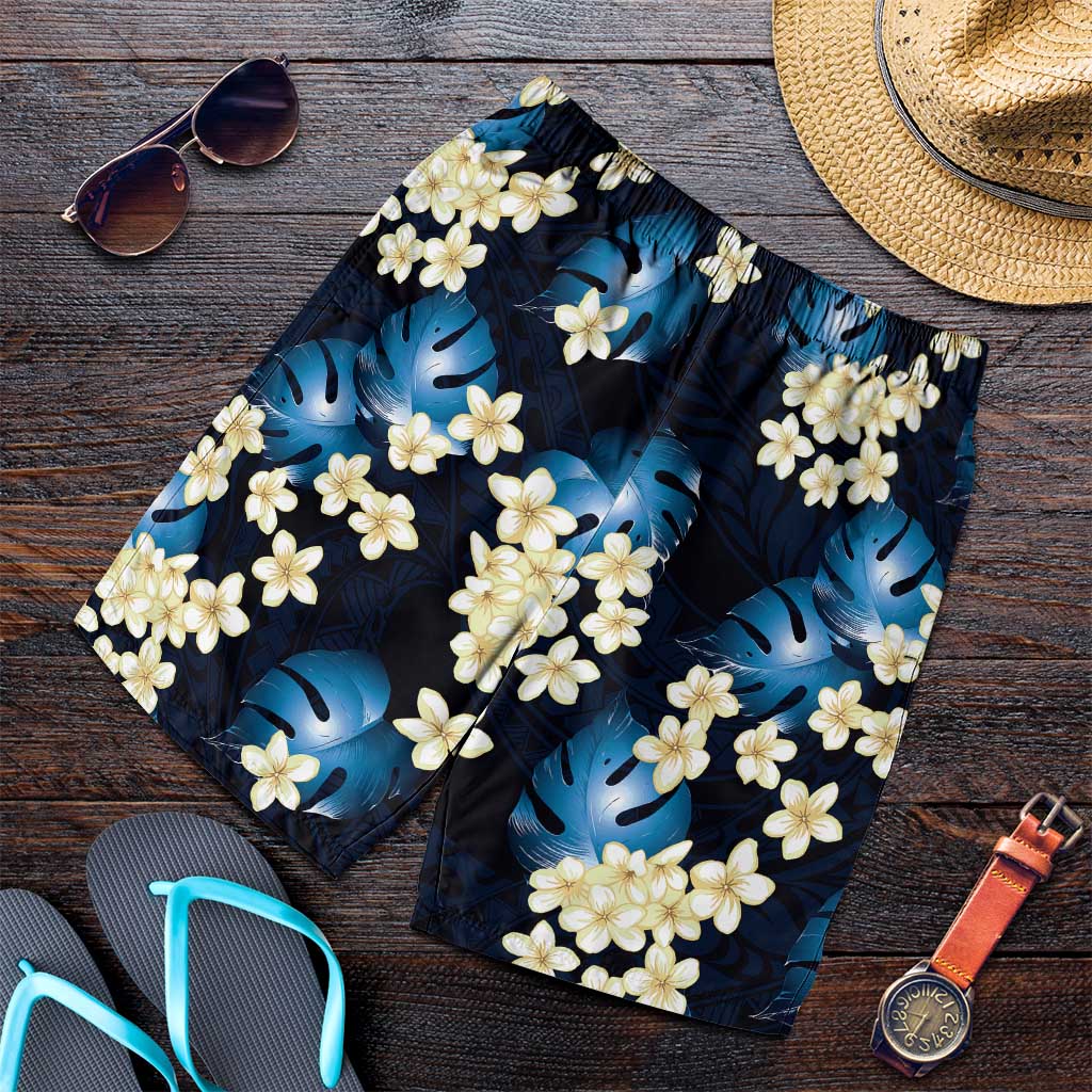 Blue Tropical Hawaii Shorts for Men Seamless Monstera Plumeria Hawaiian Pattern - Polynesian Pride