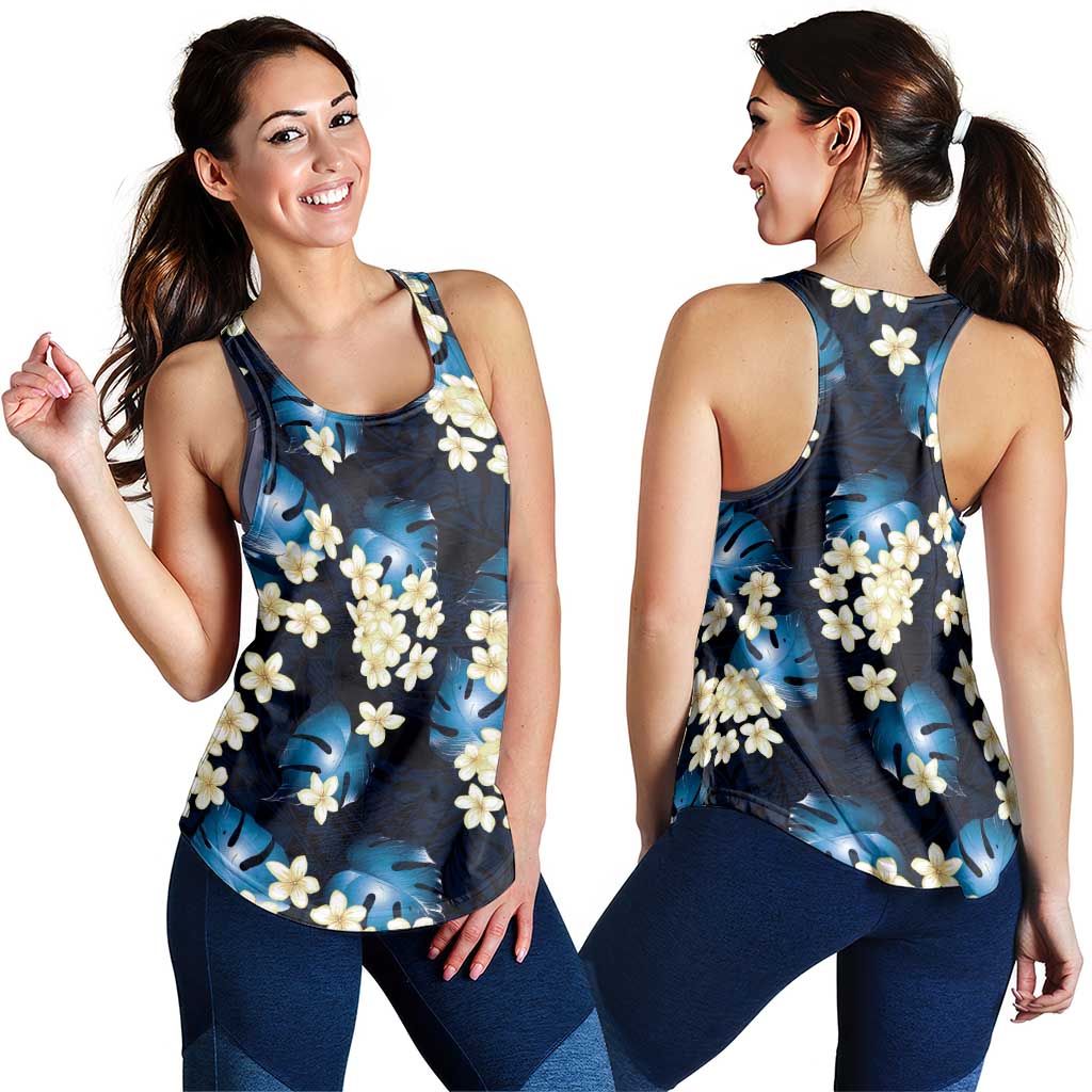 Blue Tropical Hawaii Women Racerback Tank Seamless Monstera Plumeria Hawaiian Pattern - Polynesian Pride