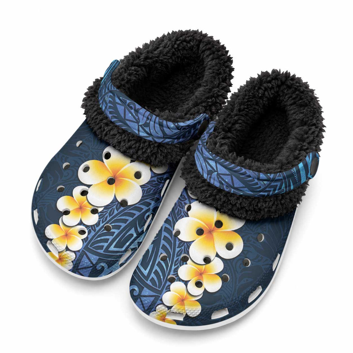 Blue Tropical Plumeria With Galaxy Polynesian Art Fleece Clogs