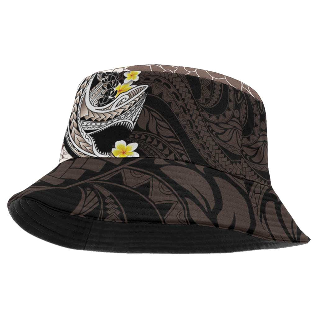Brown and Black Hawaii Shark Tattoo Bucket Hat Puakenikeni Lei Plumeria Polynesian Pattern - Polynesian Pride