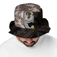 Brown and Black Hawaii Shark Tattoo Bucket Hat Puakenikeni Lei Plumeria Polynesian Pattern - Polynesian Pride