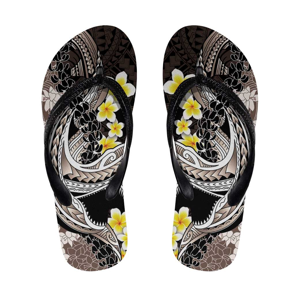 Brown and Black Hawaii Shark Tattoo Flip Flops Puakenikeni Lei Plumeria Polynesian Pattern - Polynesian Pride