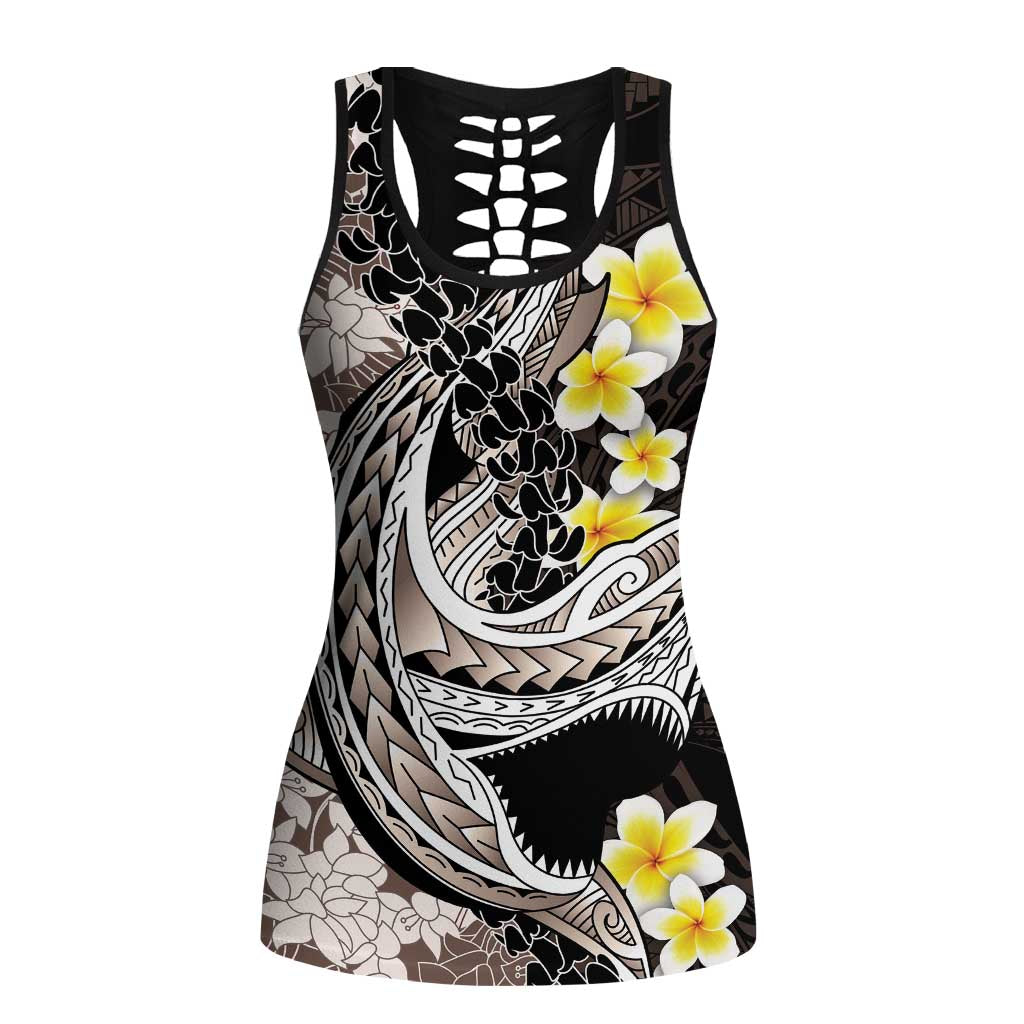 Brown and Black Hawaii Shark Tattoo Hollow Tank Top Puakenikeni Lei Plumeria Polynesian Pattern - Polynesian Pride