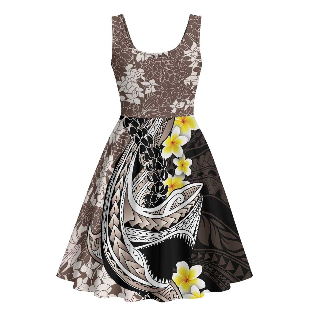 Brown and Black Hawaii Shark Tattoo Midi Dress Puakenikeni Lei Plumeria Polynesian Pattern - Polynesian Pride