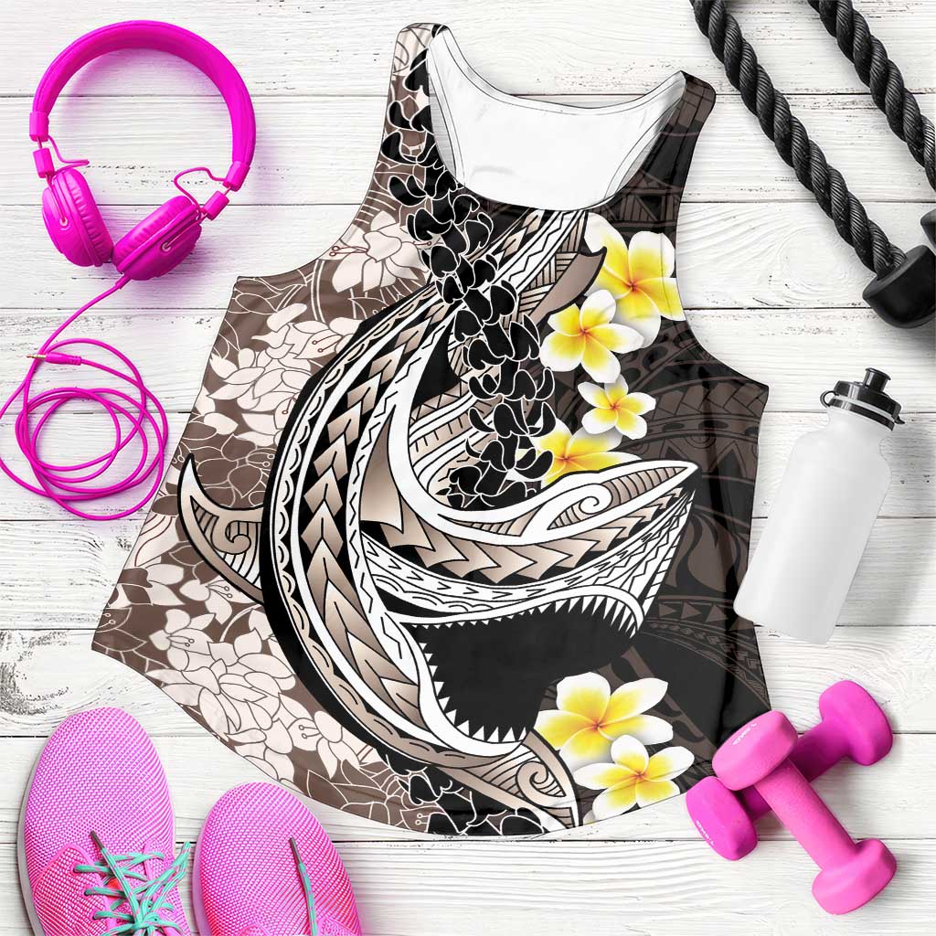 Brown and Black Hawaii Shark Tattoo Women Racerback Tank Puakenikeni Lei Plumeria Polynesian Pattern - Polynesian Pride