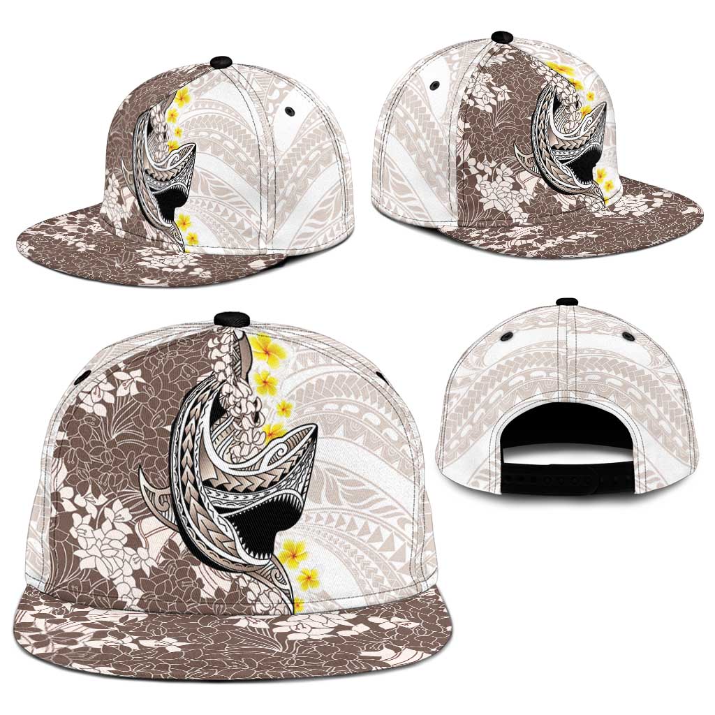Brown and White Hawaii Shark Tattoo Snapback Cap Puakenikeni Lei Plumeria Polynesian Pattern - Polynesian Pride
