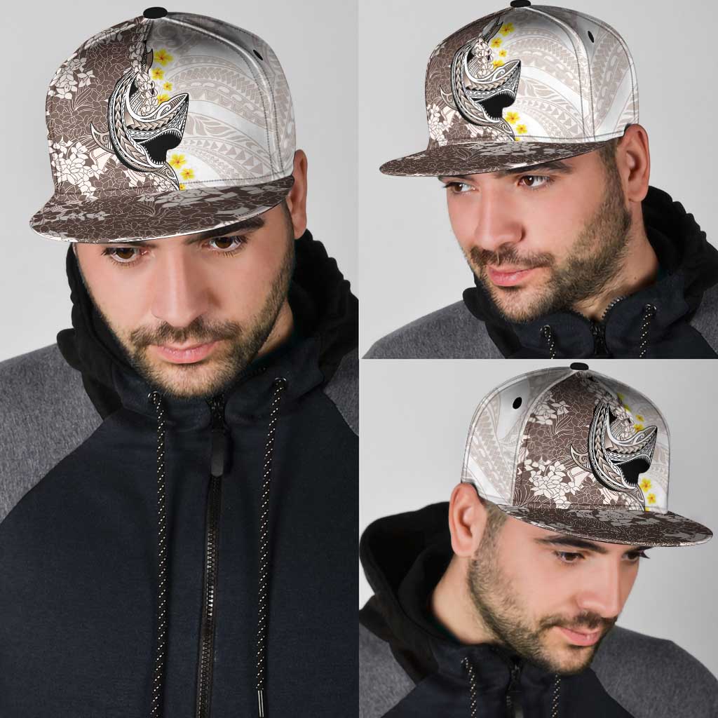 Brown and White Hawaii Shark Tattoo Snapback Cap Puakenikeni Lei Plumeria Polynesian Pattern - Polynesian Pride
