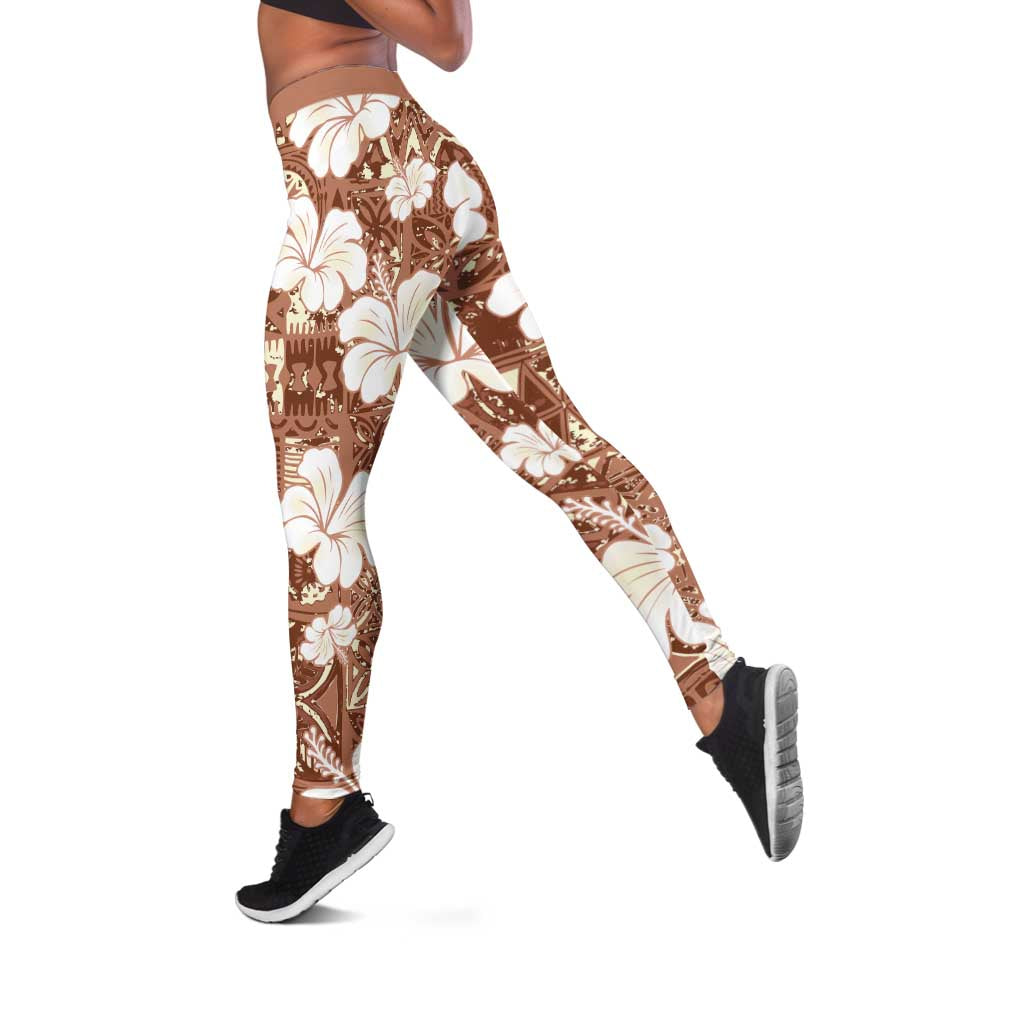 Brown Bula Fiji Masi Hibiscus Seamless Leggings