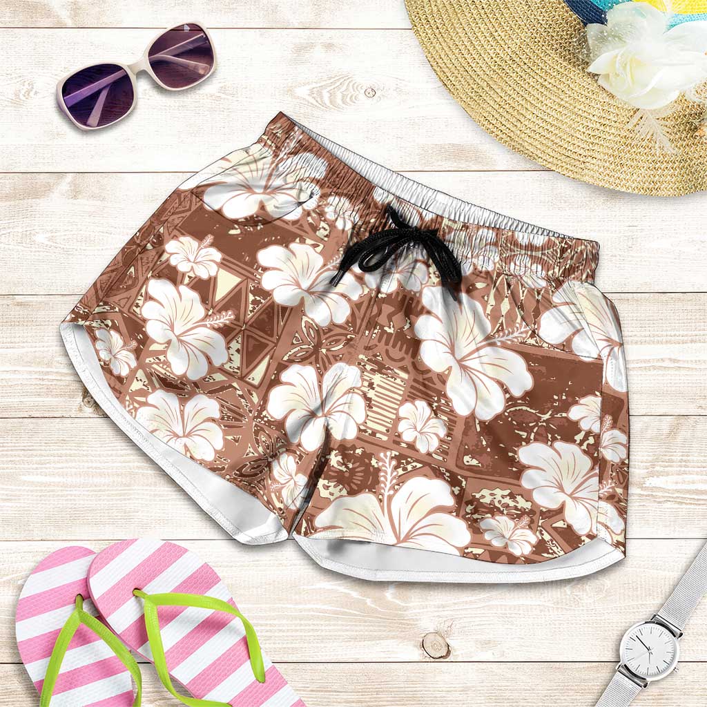 Brown Bula Fiji Masi Hibiscus Seamless Shorts for Women