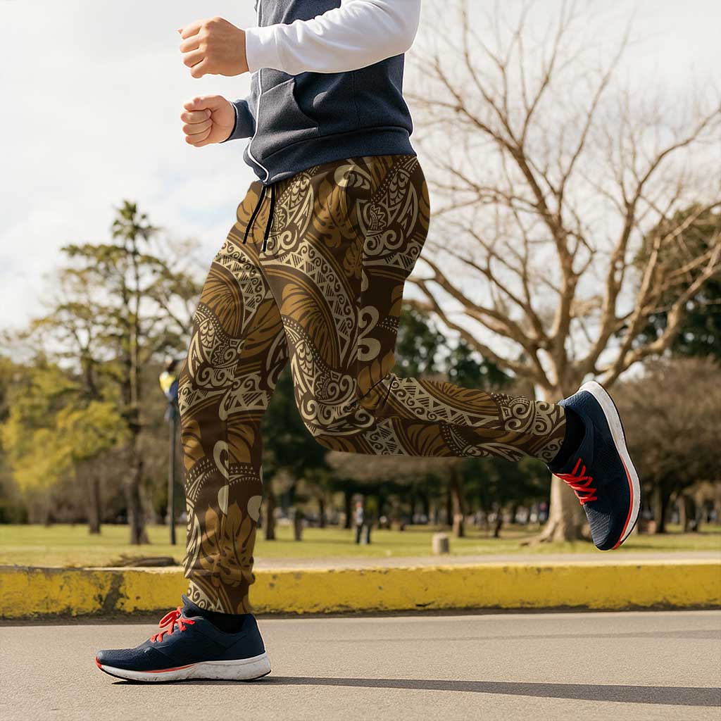 Brown Gold Monstera Jogger Pants Polynesian Tribal Pattern - Polynesian Pride