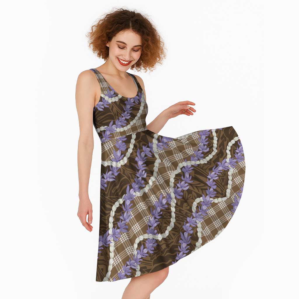 Brown Hawaii Palaka Honohono Pikake Midi Dress Hawaiian Orchid Lei Polynesian Pattern - Polynesian Pride