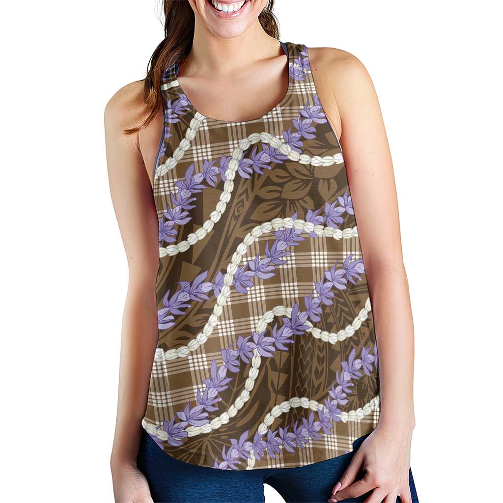Brown Hawaii Palaka Honohono Pikake Women Racerback Tank Hawaiian Orchid Lei Polynesian Pattern - Polynesian Pride