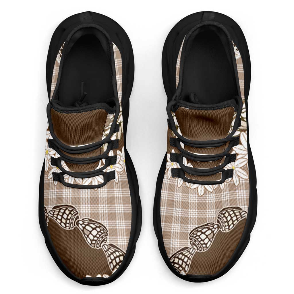 Brown Hawaii Tiare and Shell Lei Clunky Sneakers Hawaiian Palaka Luxury Vibes - Polynesian Pride