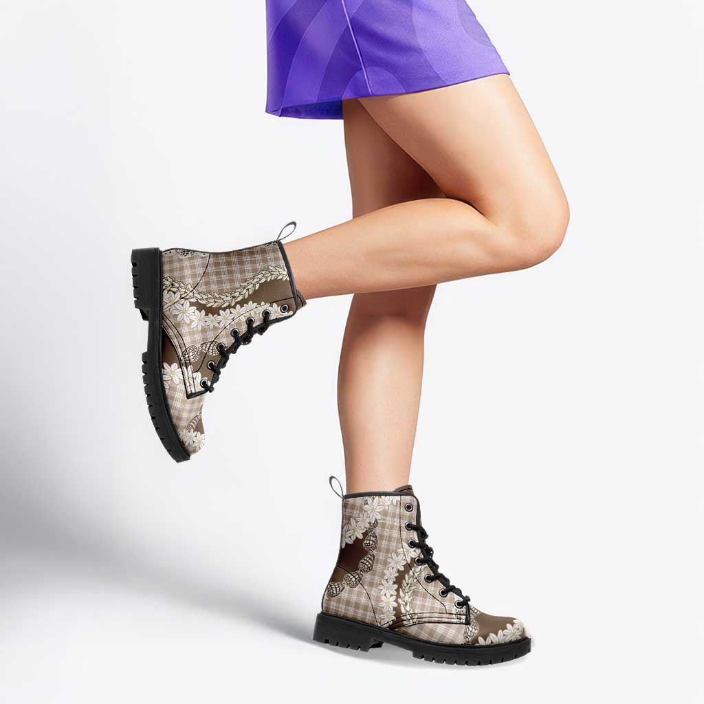 Brown Hawaii Tiare and Shell Lei Leather Boots Hawaiian Palaka Luxury Vibes - Polynesian Pride