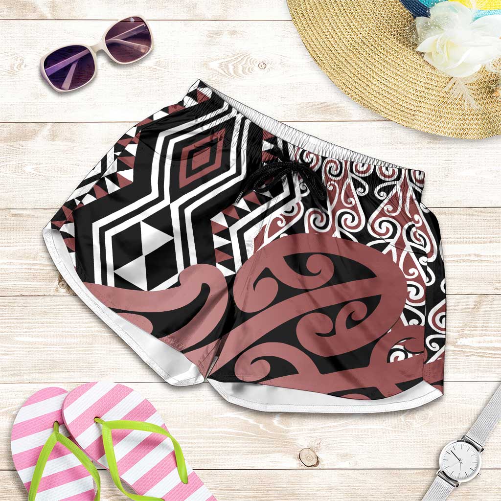 Brown New Zealand Shorts for Women Aotearoa Kowhaiwhai Mix Taniko Art