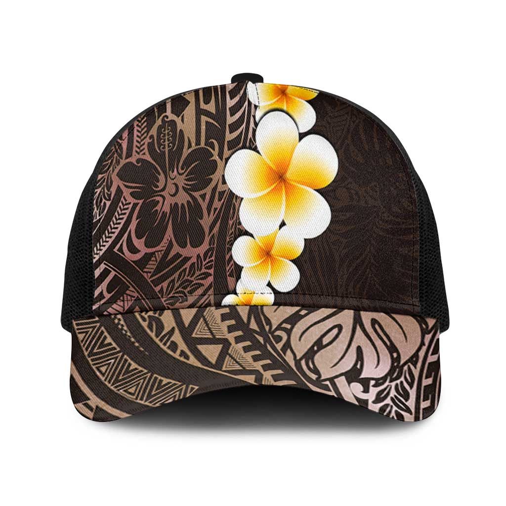 Brown Polynesia Baseball Net Cap Plumeria Tropical Leaves With Galaxy Polynesian Art - Polynesian Pride