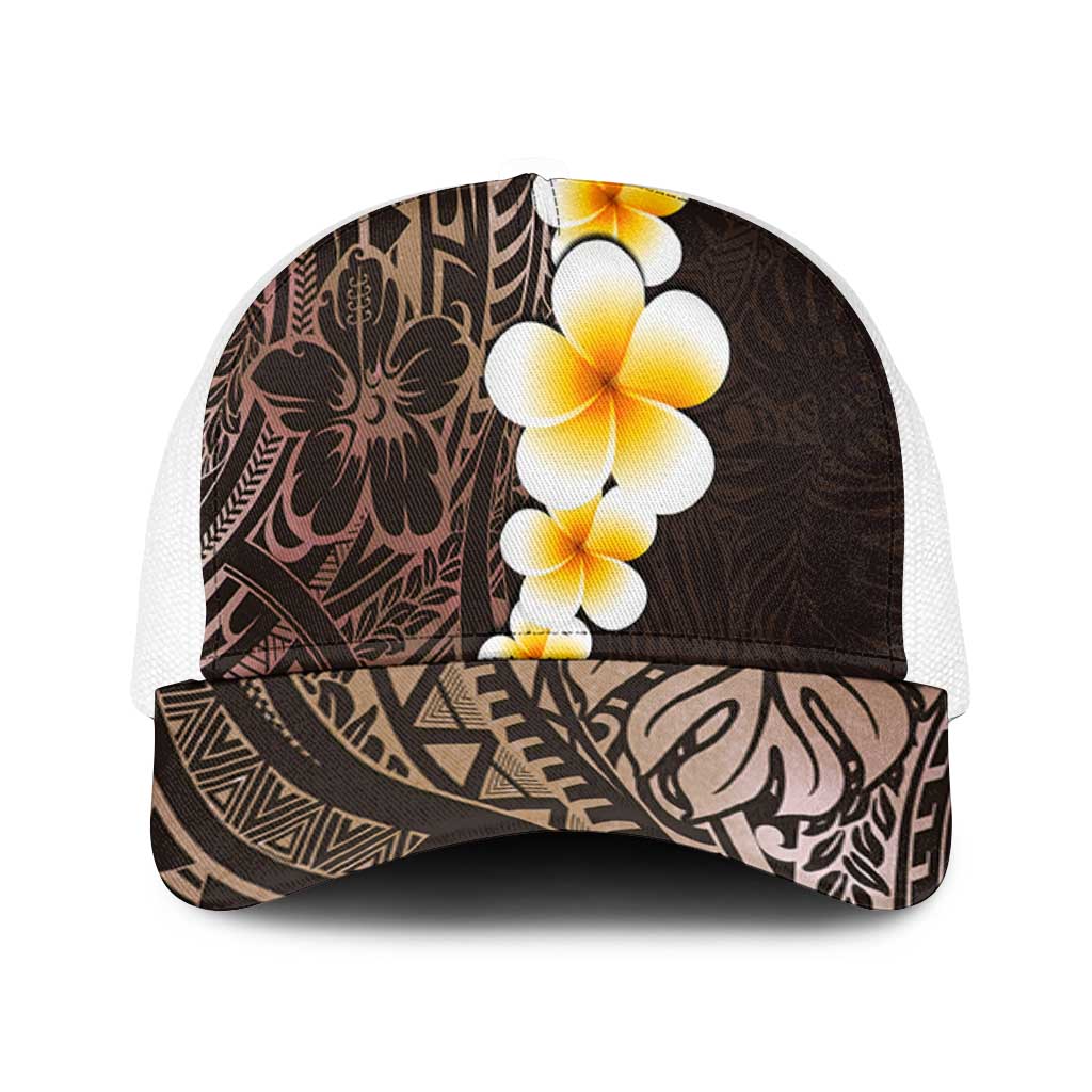 Brown Polynesia Baseball Net Cap Plumeria Tropical Leaves With Galaxy Polynesian Art - Polynesian Pride