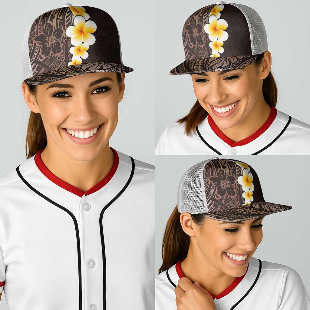 Brown Polynesia Baseball Net Cap Plumeria Tropical Leaves With Galaxy Polynesian Art - Polynesian Pride