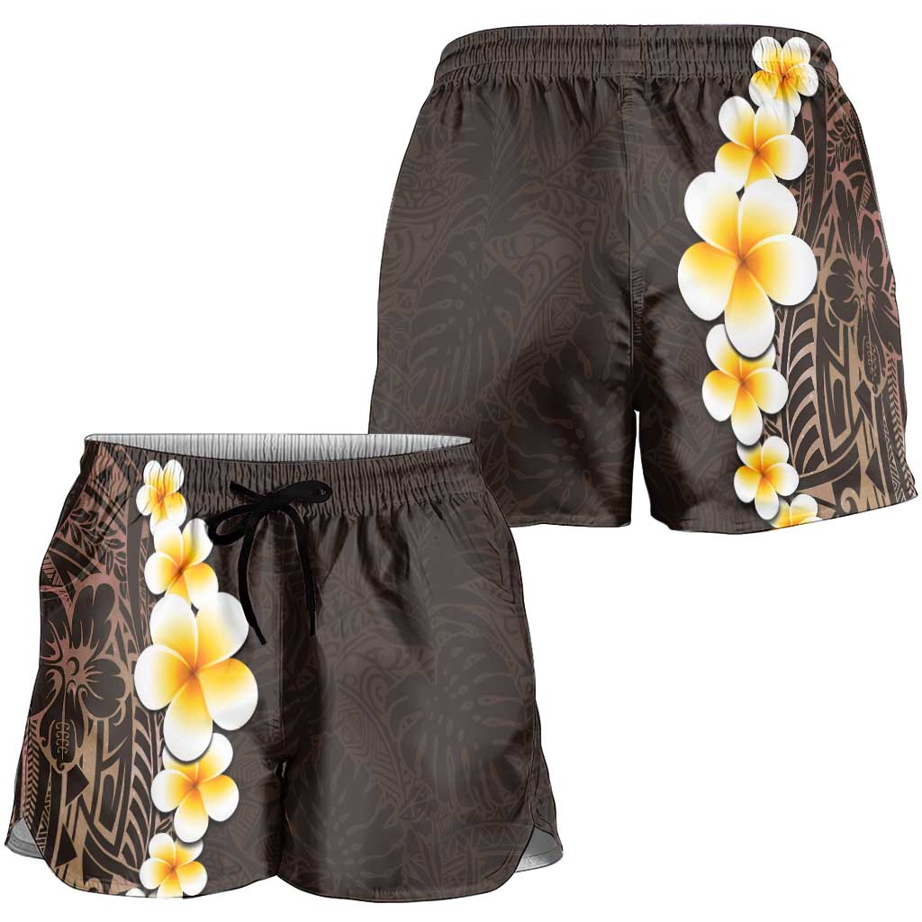 Brown Polynesia Shorts for Women Plumeria Tropical Leaves With Galaxy Polynesian Art - Polynesian Pride