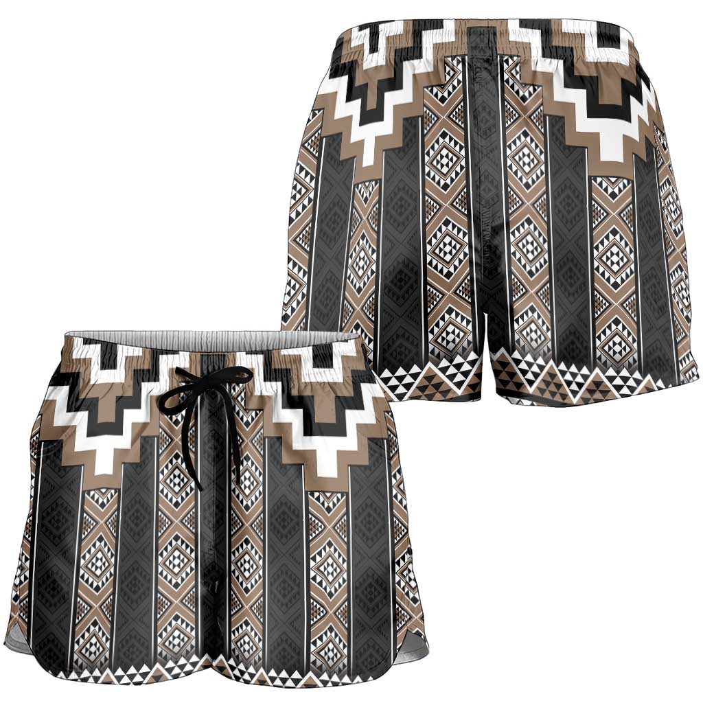 Brown Taniko Aotearoa Shorts for Women Niho Taniwha Mix Poutama