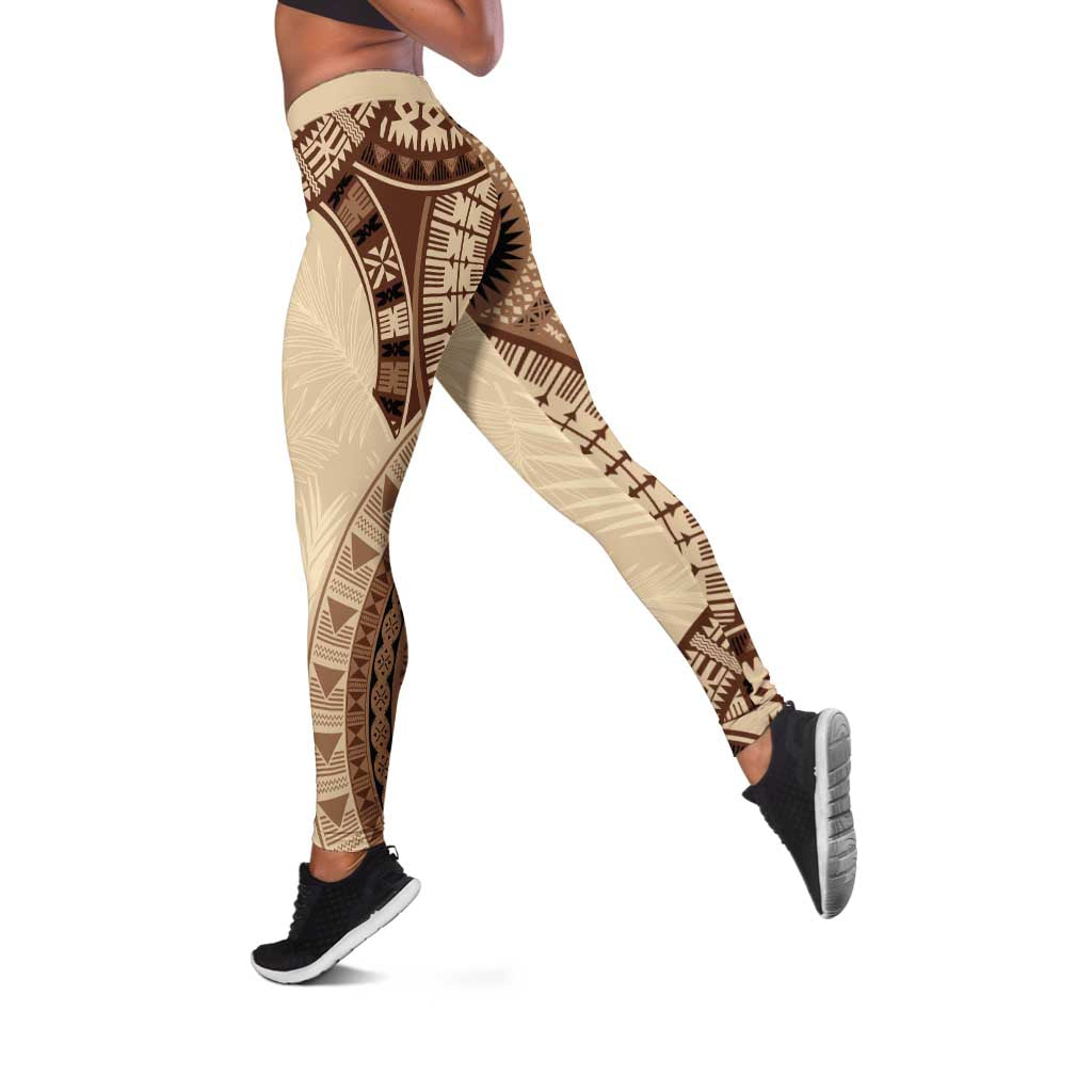 Bula Fiji Day 55th Anniversary Masi Tapa Leggings Emerald Jubilee - Beige - Polynesian Pride